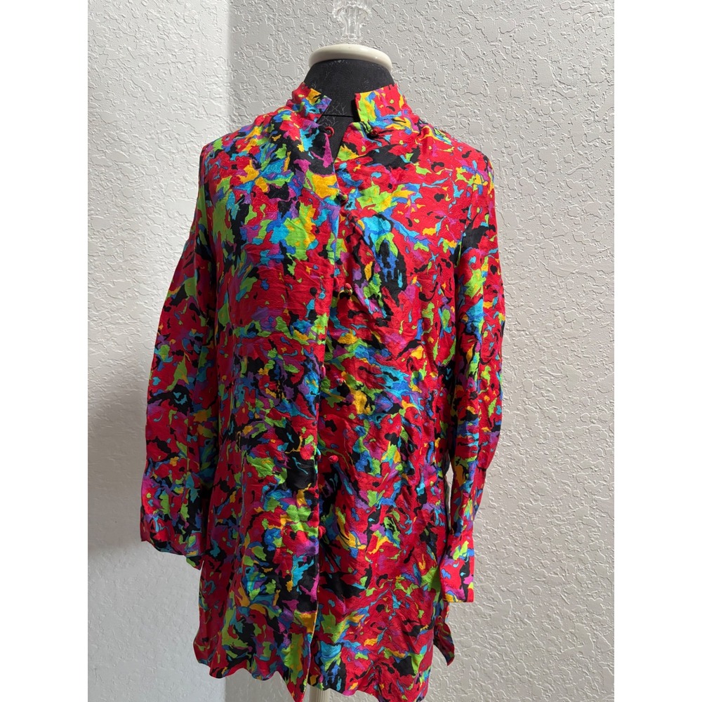 Christian Lu Silk Jacket Abstract Multicolor Mandarin Collar Blouse Size 1